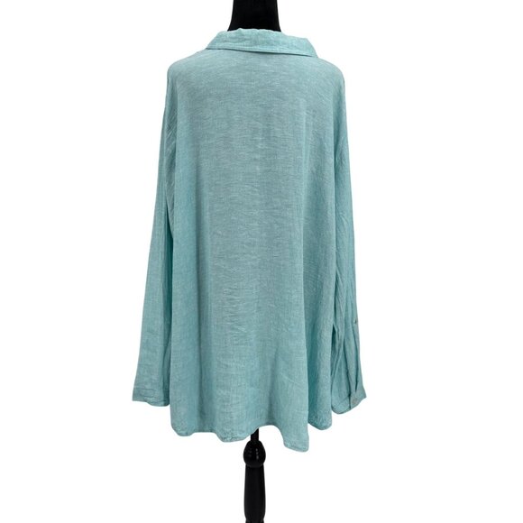 Susan Graver Womens Linen Blend Oversized Button Down Shirt 3X Aqua Blue Long Sl - Picture 7 of 8